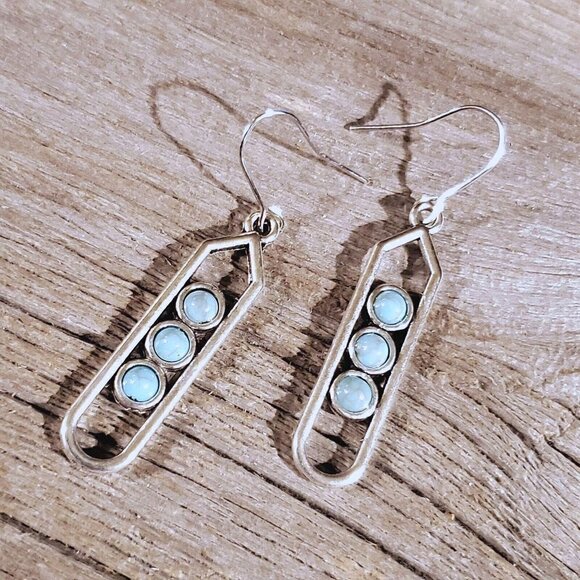 Modernist Geometric Turquoise Blue Stone Silver Dangle Earrings - Picture 1 of 6